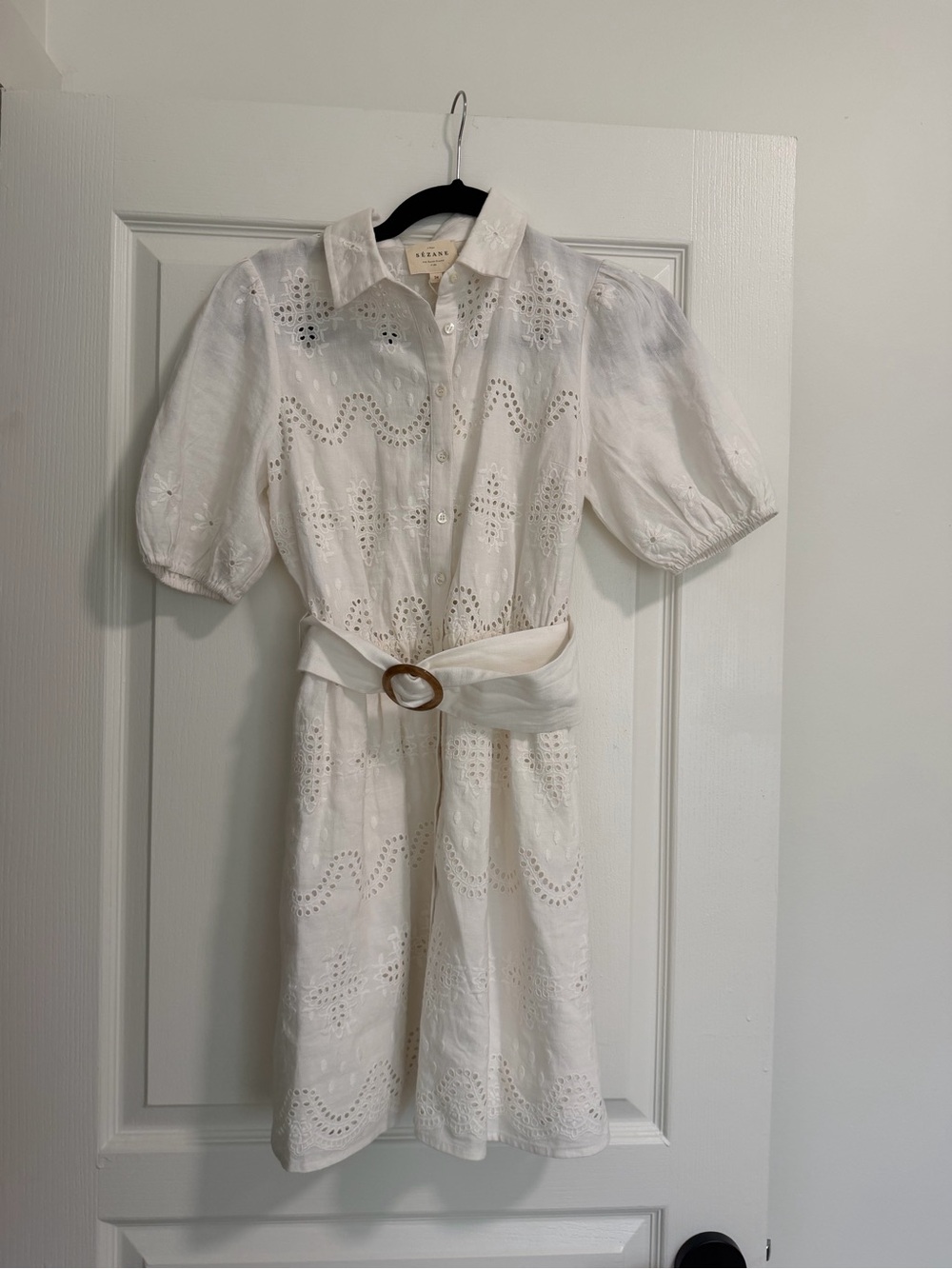 NWT SEZANE White Eyelet Button-Front Mini Dress with Belt